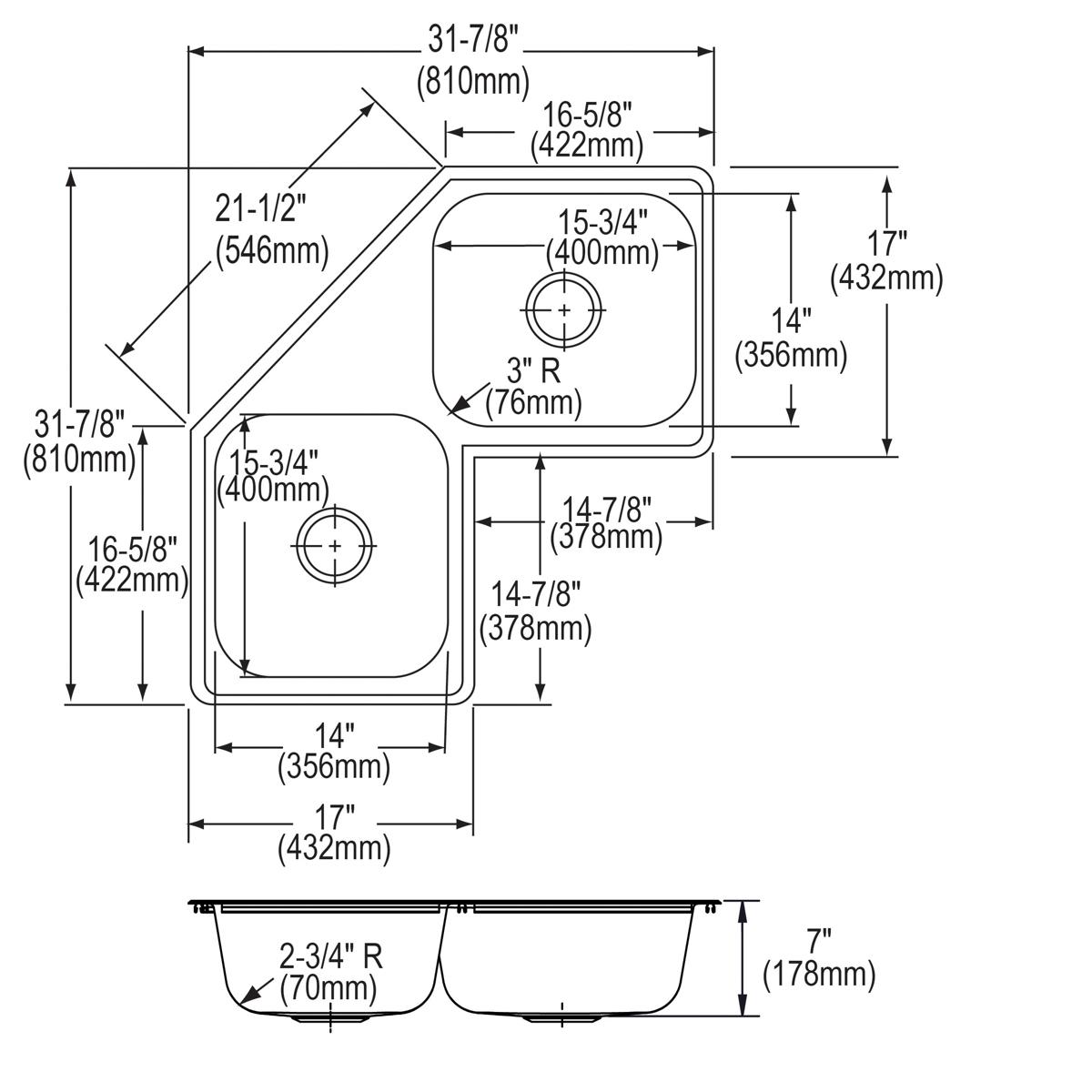Elkay Dayton Stainless Steel 31-7/8" x 31-7/8" x 7", 3-Hole Equal Double Bowl Corner Sink
