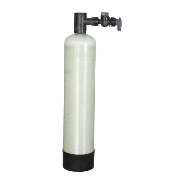 Tall cylindrical water filter tank with white fiberglass body, black base, and black valve assembly on top.