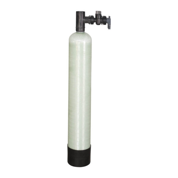 Tall cylindrical white water filter tank with black base and black valve assembly on top.