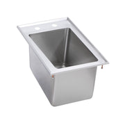 Stainless steel drop-in sink with single rectangular basin and faucet mounting holes on rim.