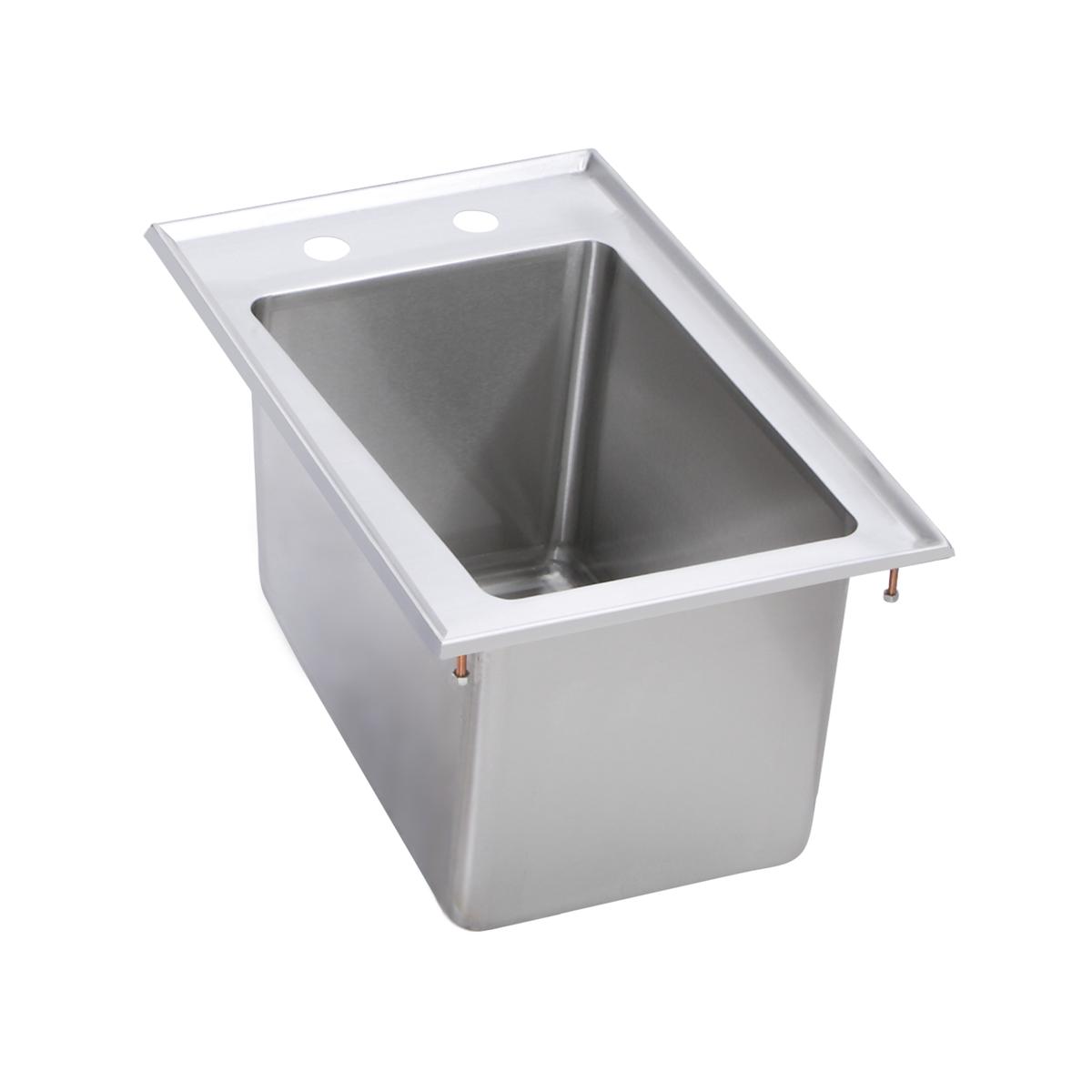 Stainless steel drop-in sink with single rectangular basin and faucet mounting holes on rim.