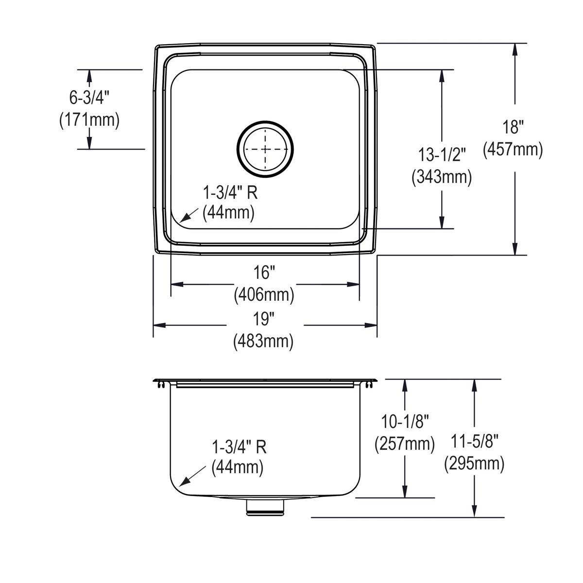 Stainless steel single bowl drop-in bar sink with centered drain, top and side view technical drawings with dimensions.