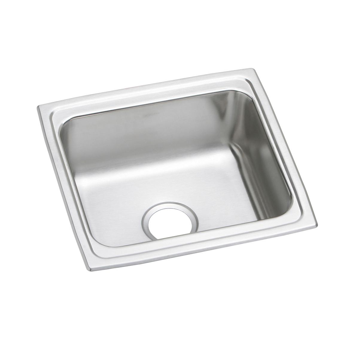 Stainless steel drop-in bar sink with single bowl and drain opening, shown from above at an angle.