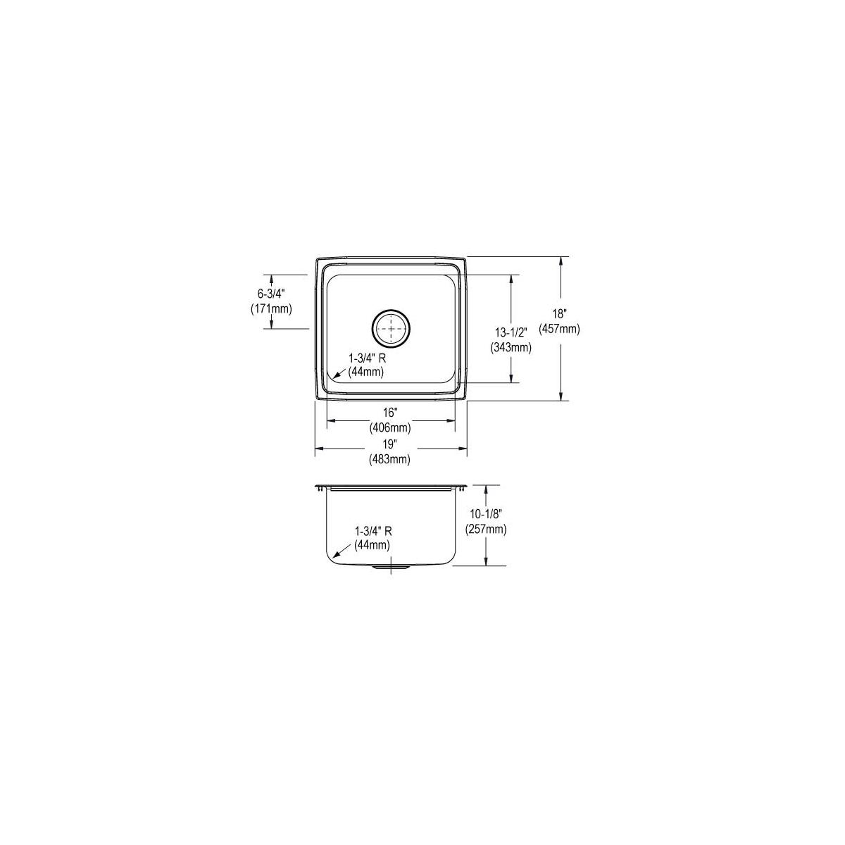 Stainless steel single bowl drop-in bar sink with top and side views showing dimensions and drain hole placement.