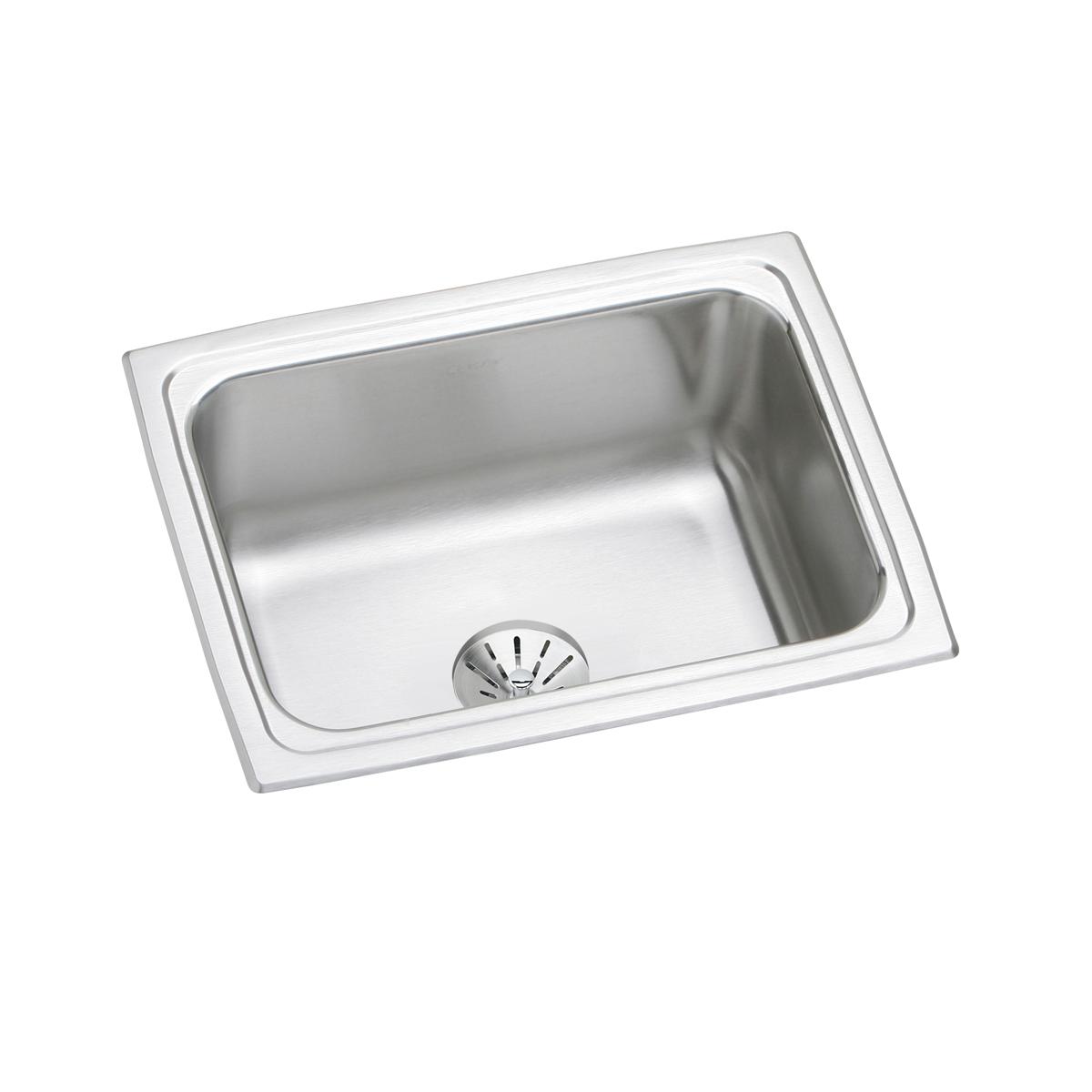 Stainless steel drop-in sink with single rectangular bowl and drain strainer on white background.