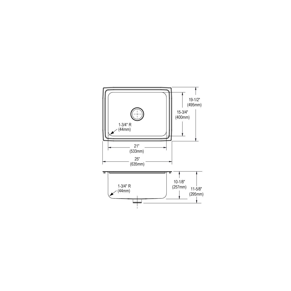 Top and side view technical drawings of a single basin stainless steel drop-in sink with rounded corners and center drain ope