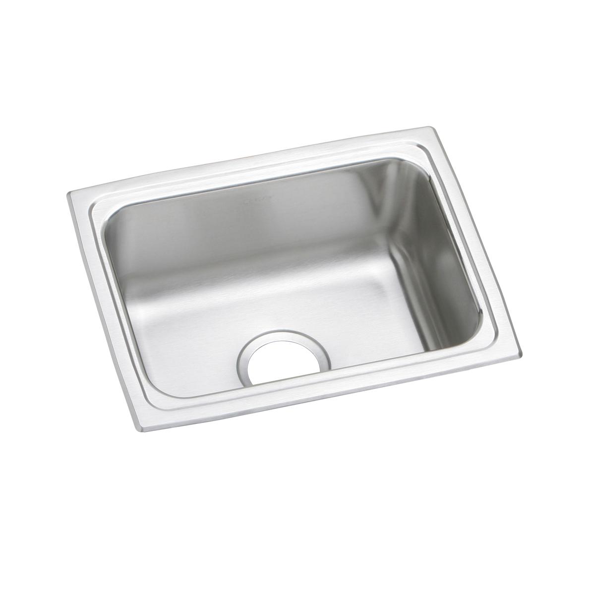Stainless steel rectangular drop-in sink with single bowl and drain hole, shown from above at an angle.