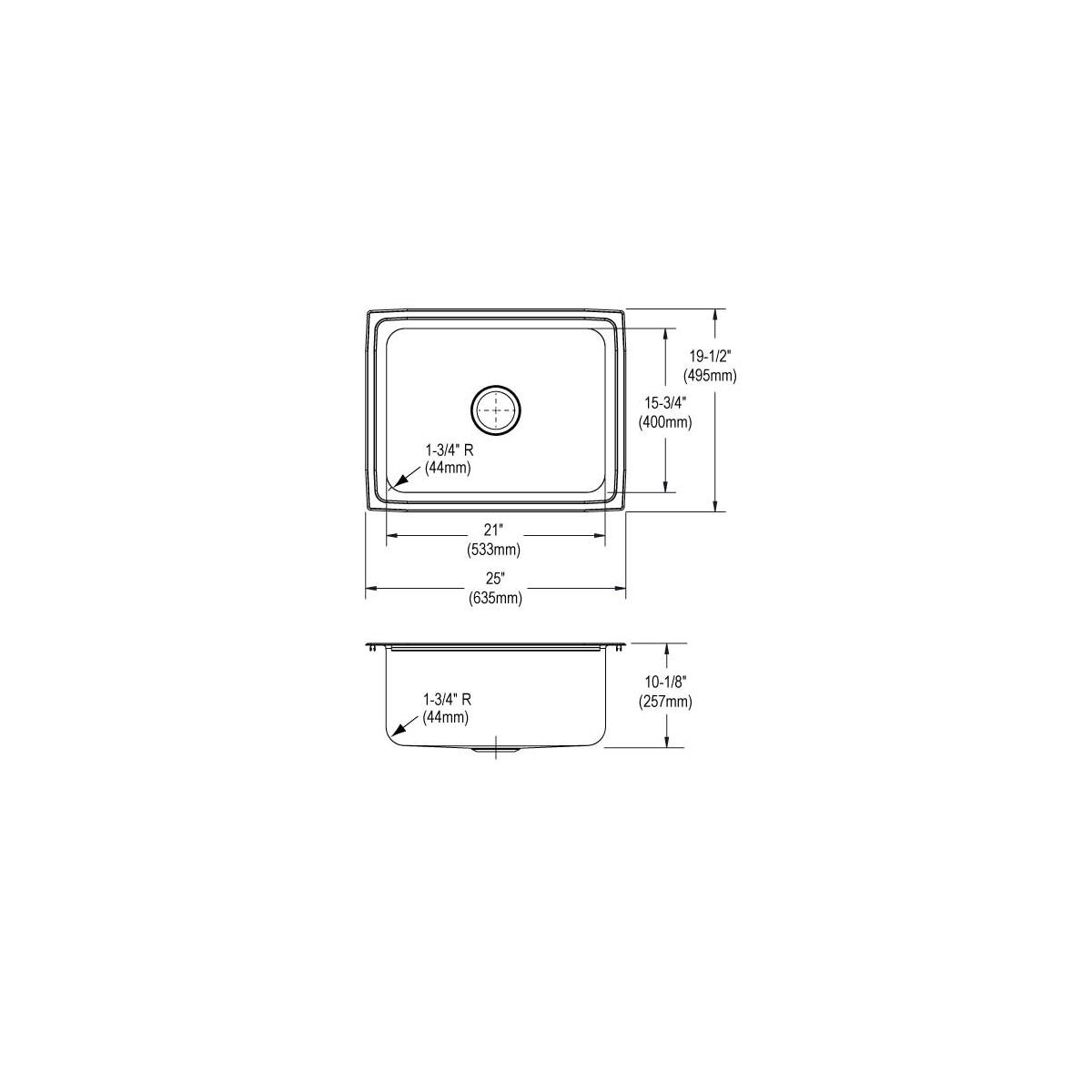 Stainless steel drop-in sink with single bowl, rounded corners, and dimension specifications showing 25" width, 19-1/2" depth