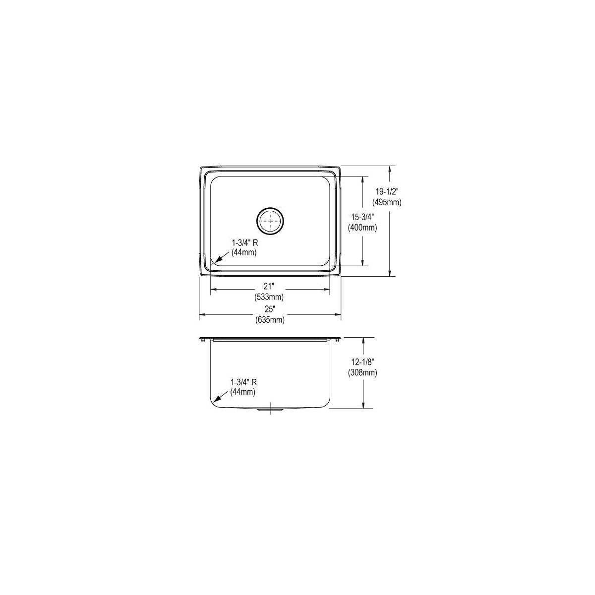 Technical drawing showing top and side views of a stainless steel single bowl drop-in sink with rounded corners and drain hol