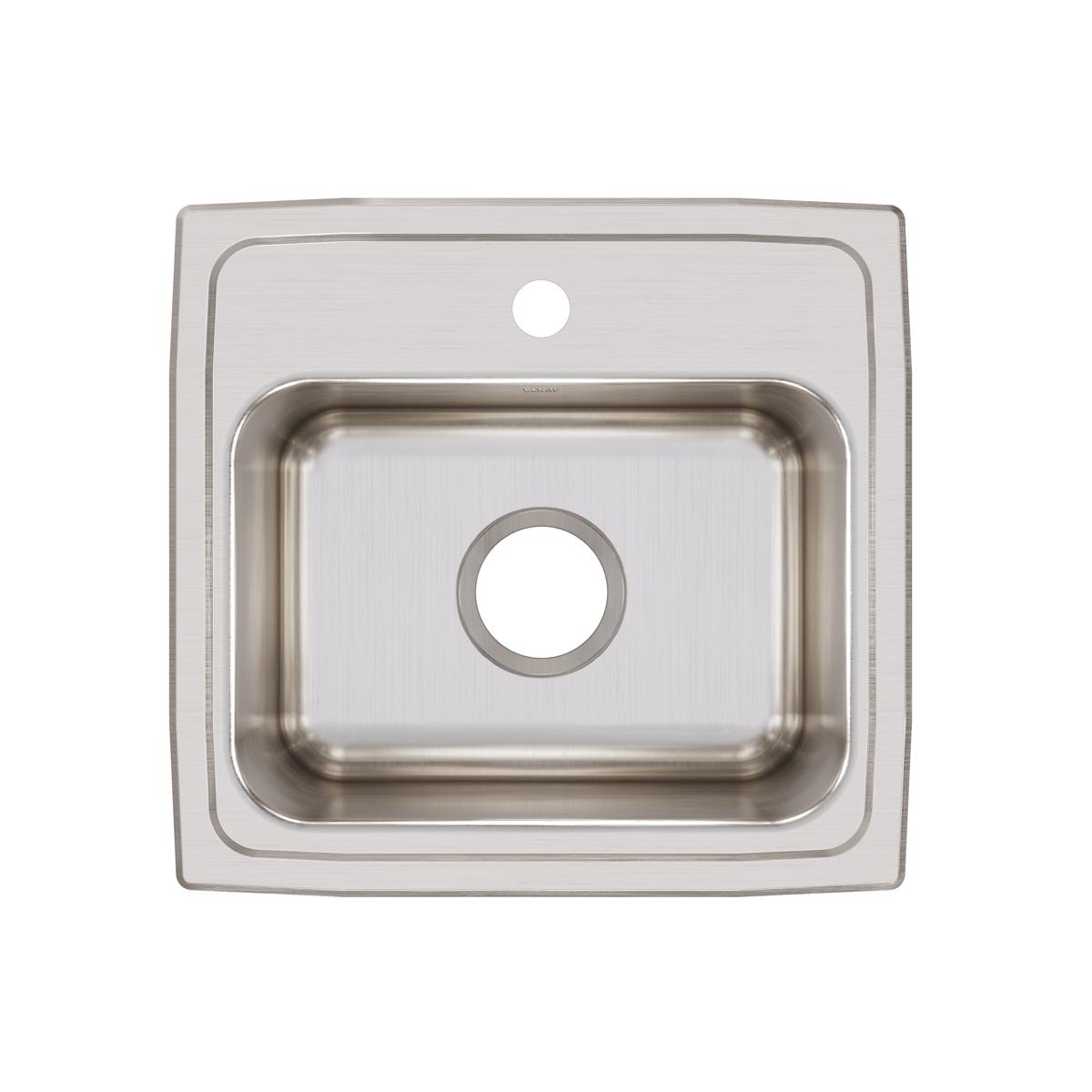 Stainless steel drop-in sink with single bowl and one pre-drilled hole, viewed from above.