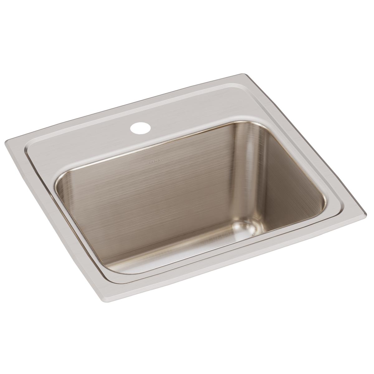 Stainless steel drop-in sink with single bowl and one faucet hole on brushed finish rim.