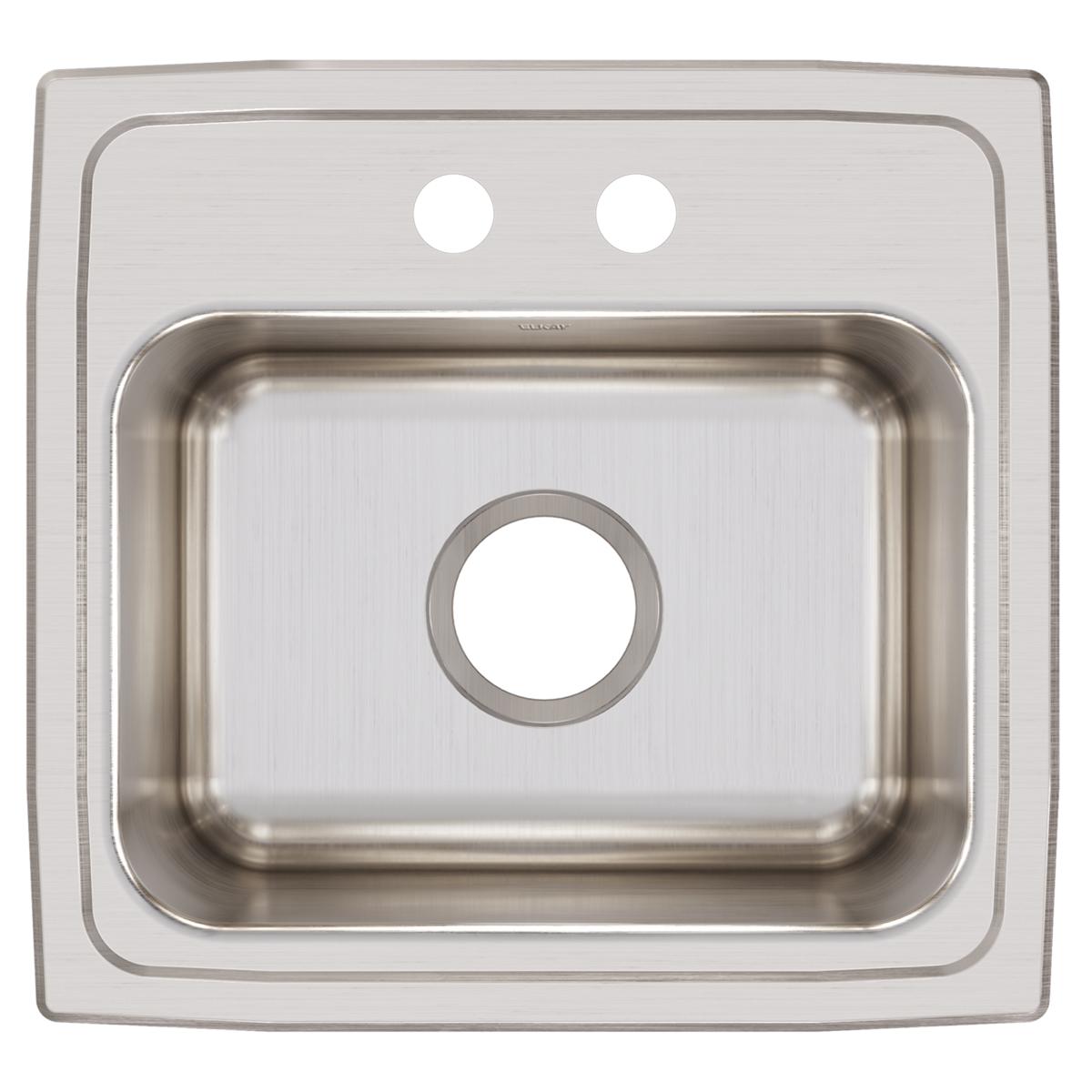 Stainless steel drop-in sink with single bowl, two faucet holes, and brushed finish surface.