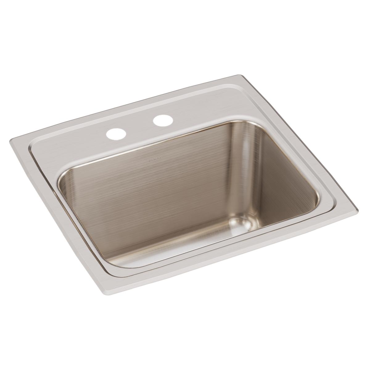 Stainless steel drop-in sink with single bowl and two pre-drilled holes on brushed surface rim.