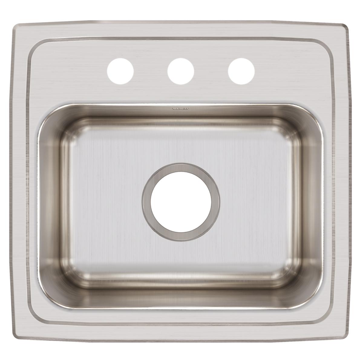 Stainless steel drop-in sink with single rectangular bowl and three holes pre-drilled in rim for faucet mounting.