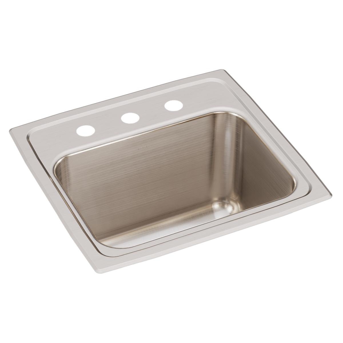 Stainless steel drop-in sink with single bowl and three holes on the rim for faucet installation.