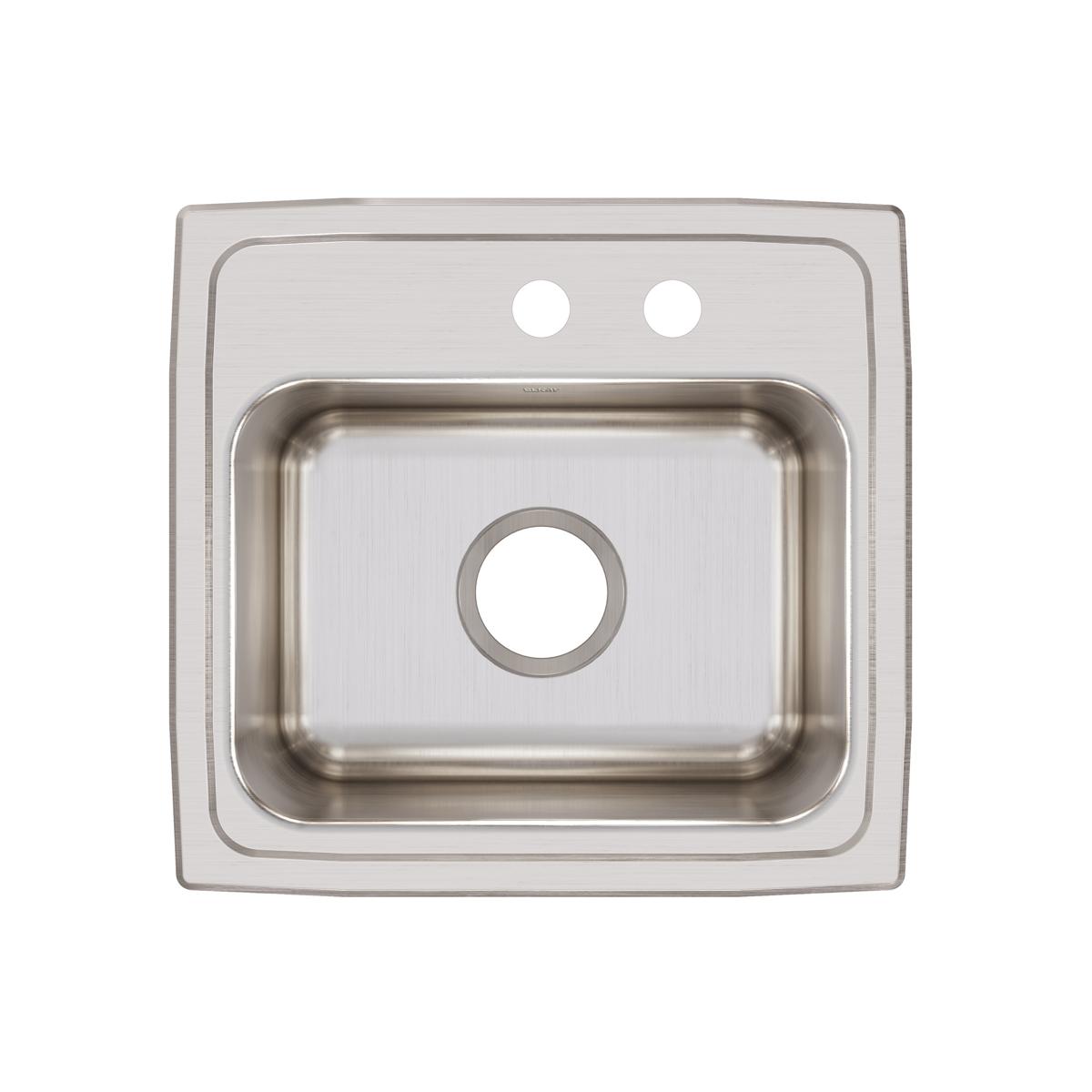 Stainless steel drop-in sink with single bowl and two faucet holes in the deck, shown from above.