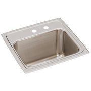 Stainless steel drop-in sink with single bowl and two pre-drilled faucet holes on brushed metal rim.