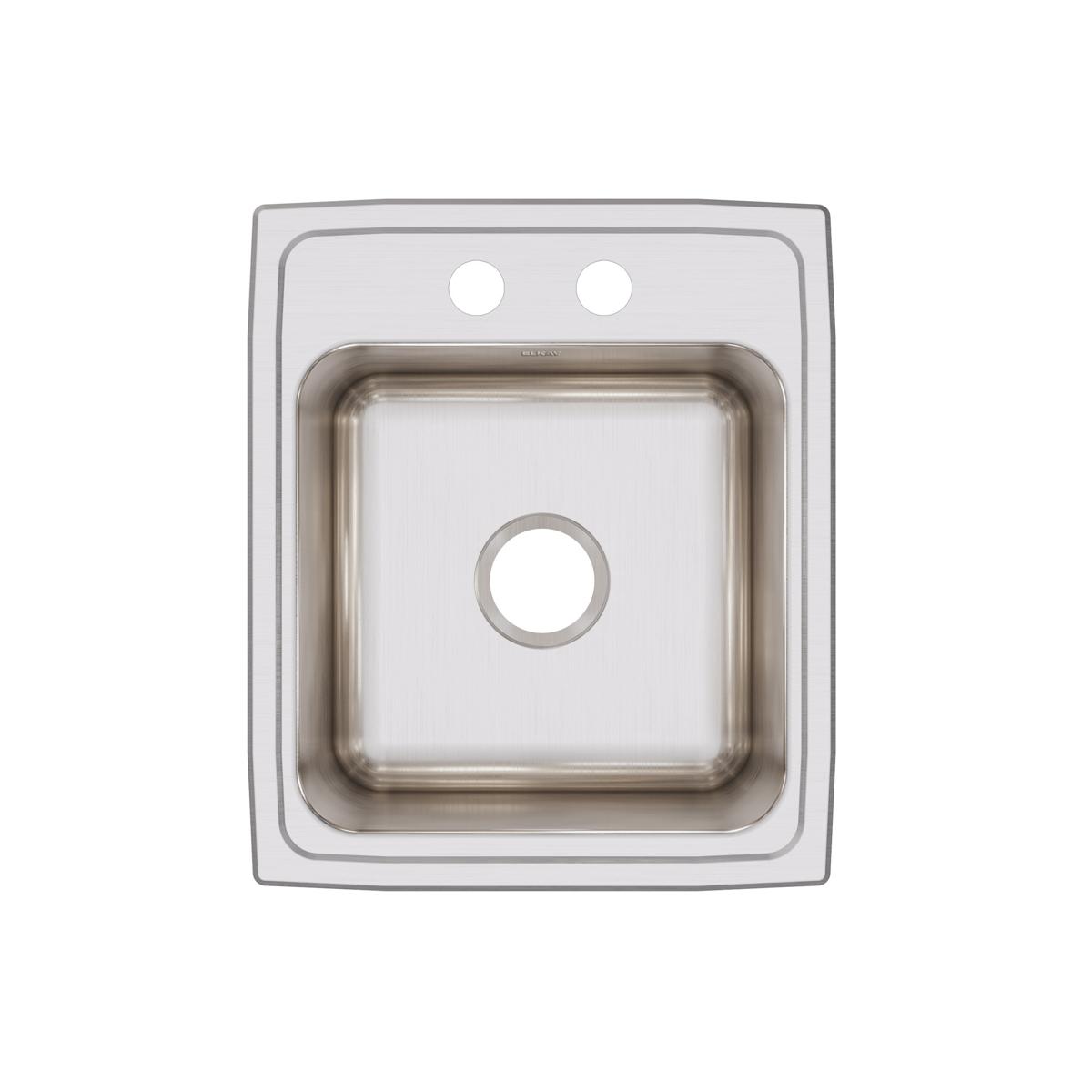 Stainless steel drop-in sink with single bowl and two pre-drilled holes for faucet mounting, shown from above.