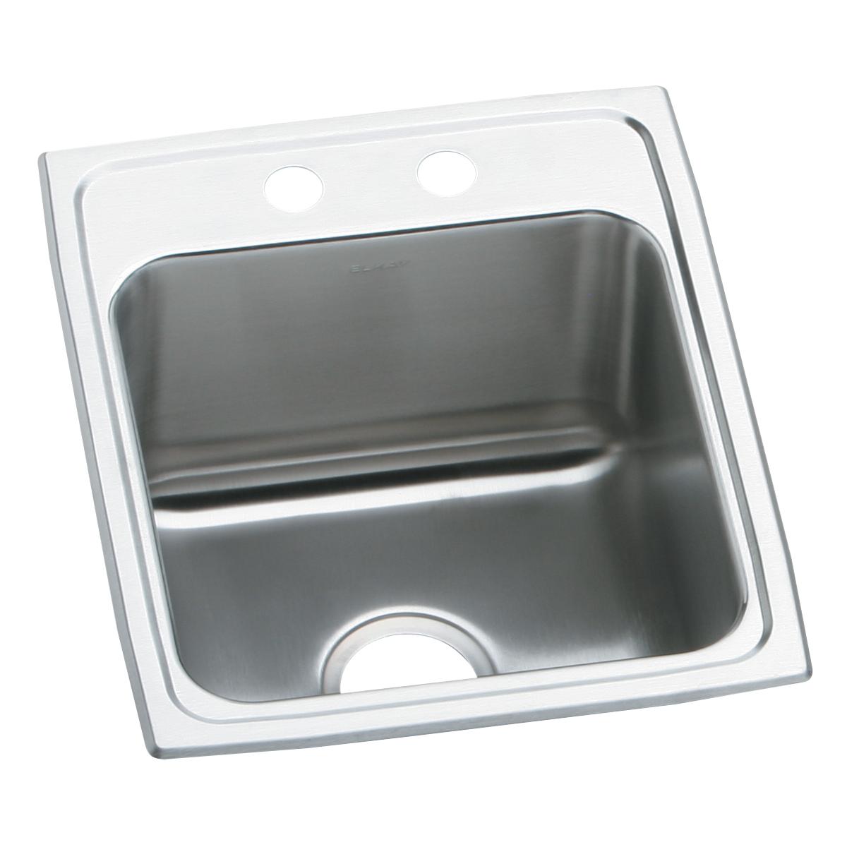 Stainless steel drop-in sink with single bowl, two pre-drilled holes, and brushed finish on white rim.
