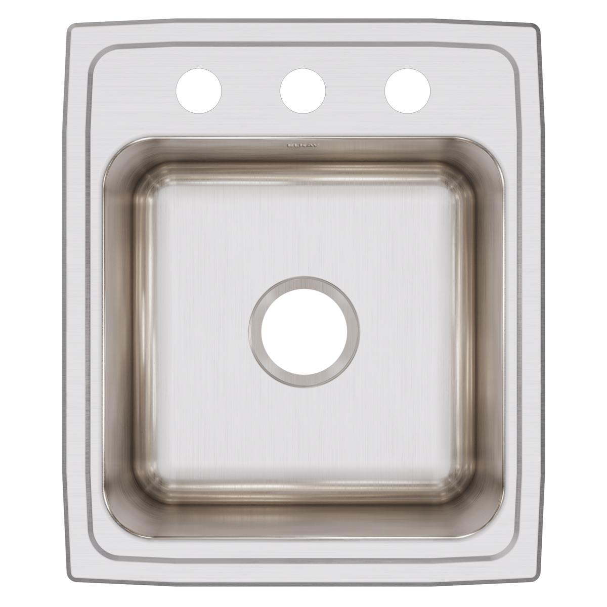 Stainless steel drop-in sink with single bowl and three faucet holes in brushed finish.