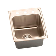 Copper drop-in sink with single bowl, drain strainer, and two pre-drilled holes on the rim.