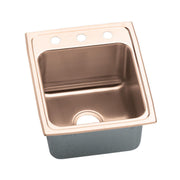 Copper-colored drop-in sink with single bowl, three mounting holes, and integral drain opening in rim.