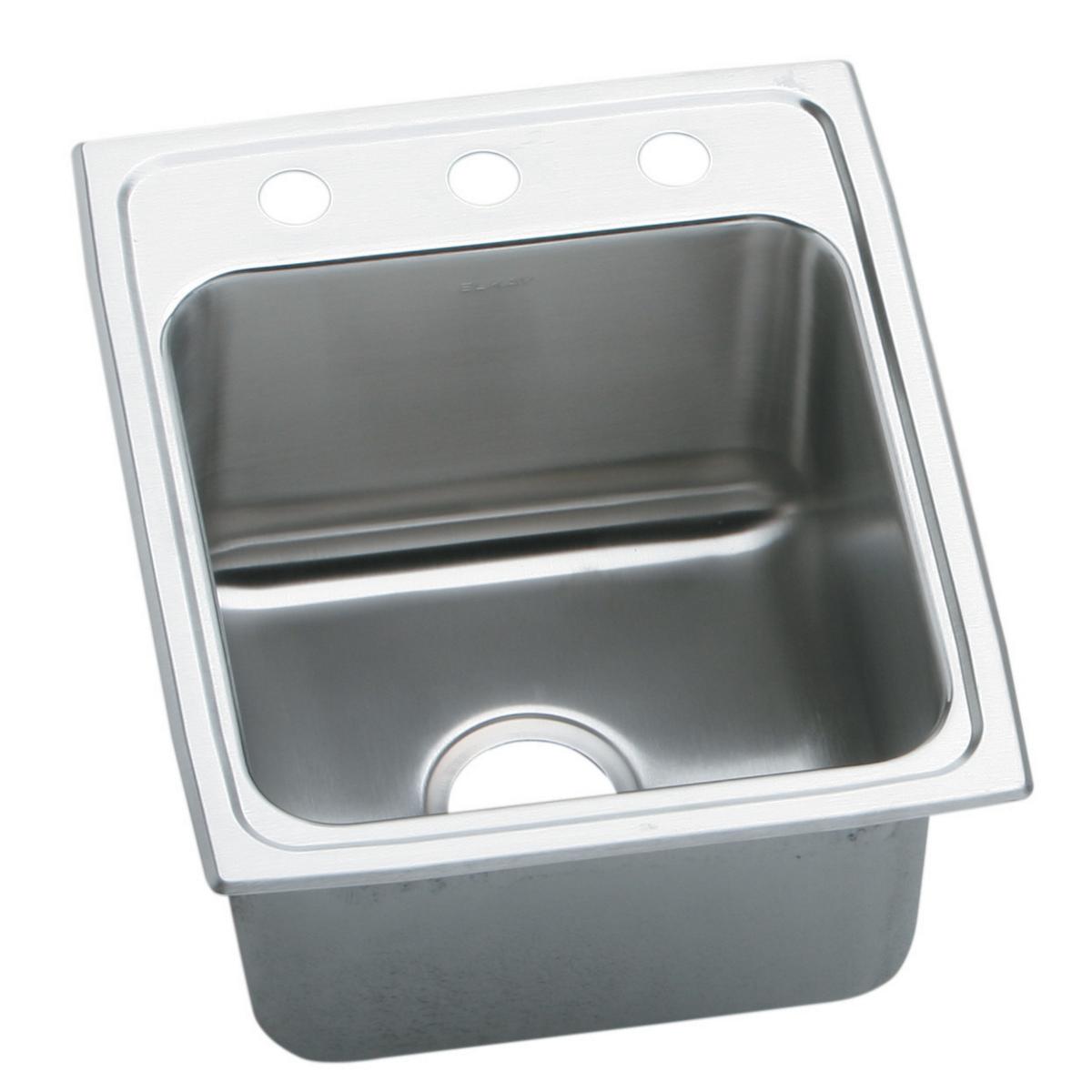Stainless steel drop-in sink with single bowl, drain hole, and three faucet holes on rim.