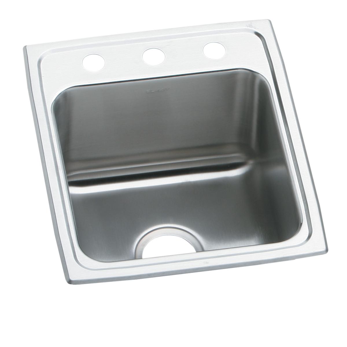 Stainless steel drop-in sink bowl with single compartment and three mounting holes on rim.