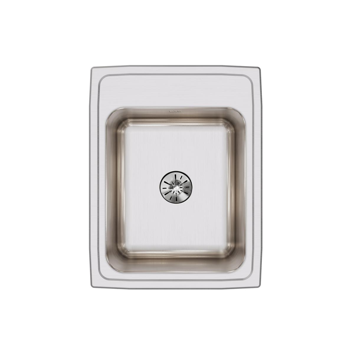 Stainless steel drop-in sink with single bowl and centered drain opening, viewed from above.