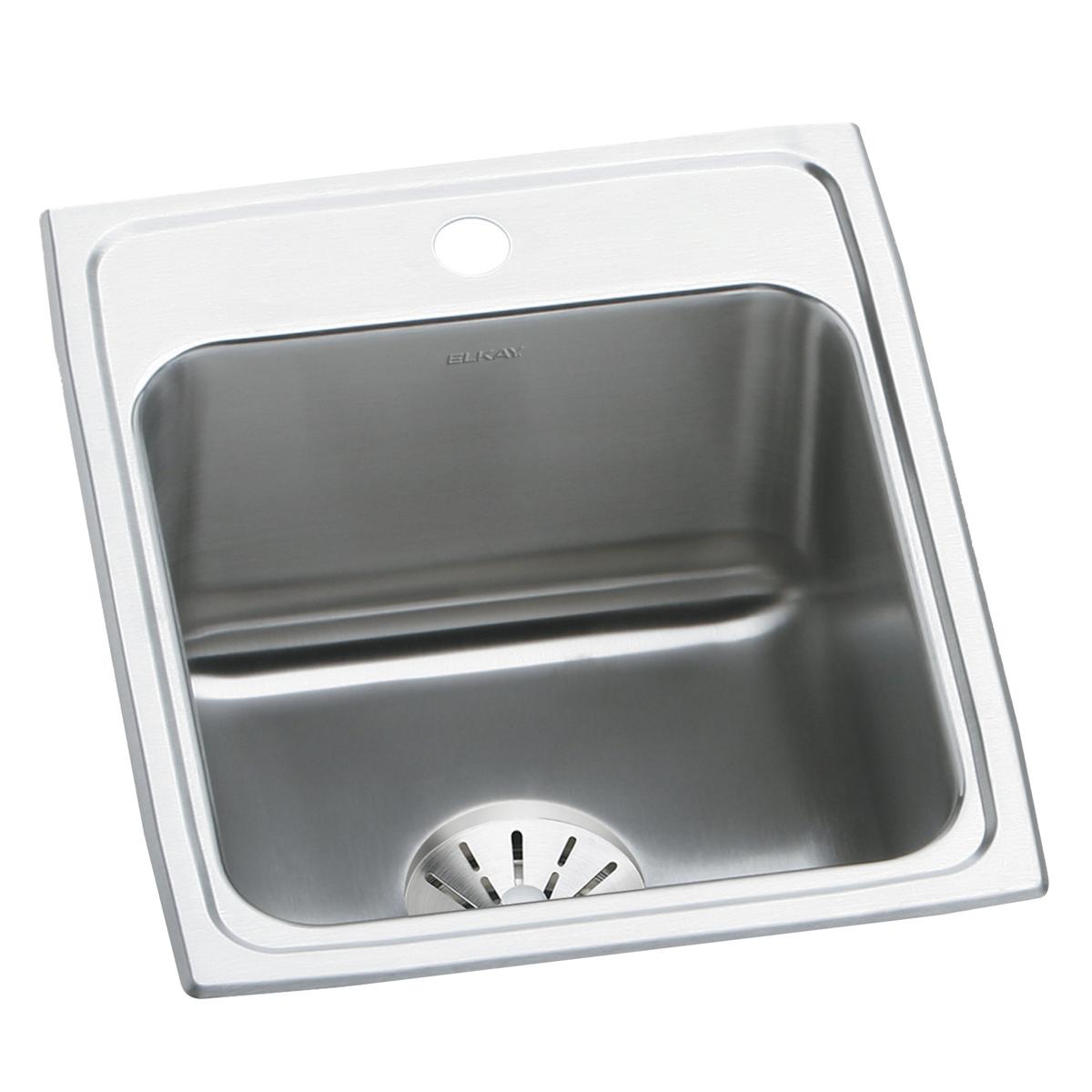 Stainless steel drop-in sink with single bowl, drain strainer, and one faucet hole in white rim.