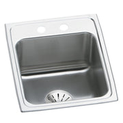 Stainless steel drop-in sink with single bowl, two faucet holes, and drain strainer visible.