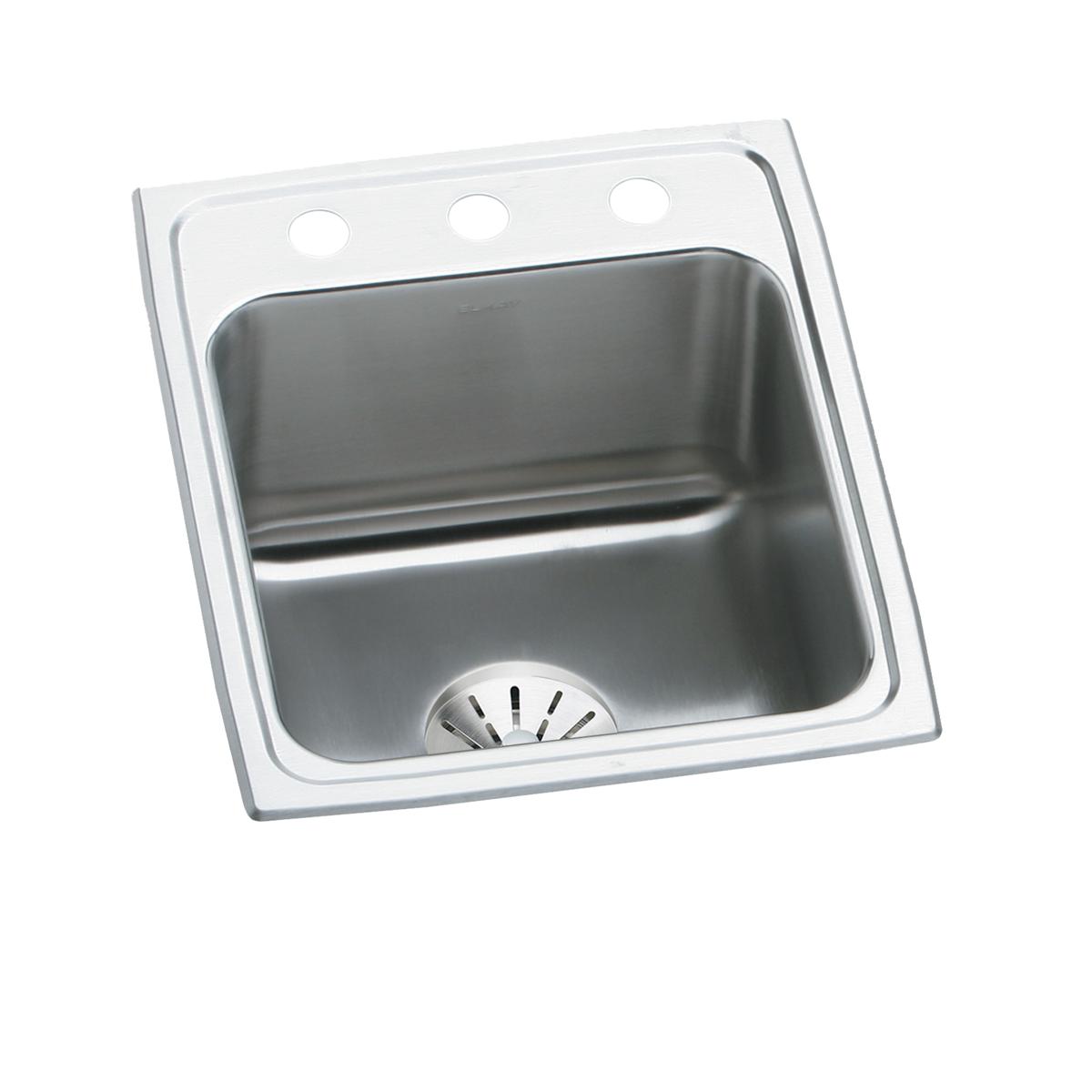 Stainless steel drop-in sink with single bowl, three pre-drilled holes, and drain strainer visible at bottom.