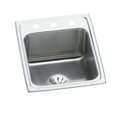 Stainless steel drop-in sink with single bowl, three pre-drilled holes, and drain strainer visible at bottom.
