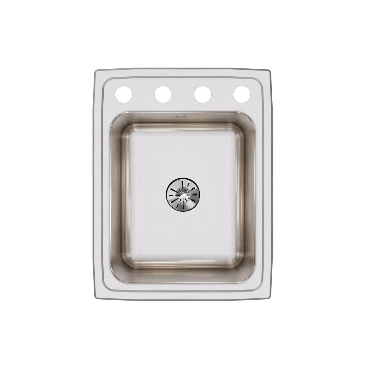 Stainless steel drop-in sink with single bowl, four faucet holes, and circular drain opening, shown from above.