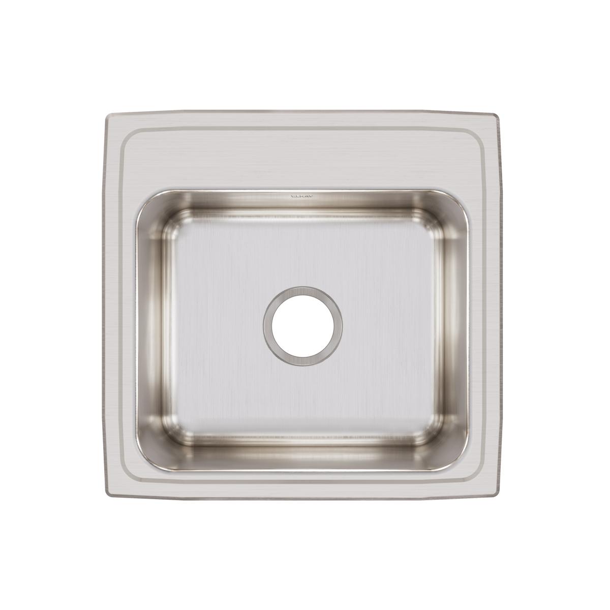 Stainless steel square drop-in laundry sink with single bowl and brushed finish, viewed from above.