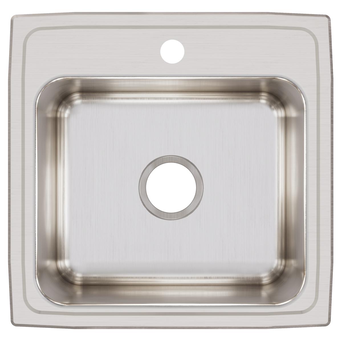 Stainless steel drop-in laundry sink with single bowl, brushed finish, and one faucet hole viewed from above.
