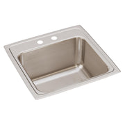 Stainless steel drop-in laundry sink with single bowl and two pre-drilled holes on the rim.