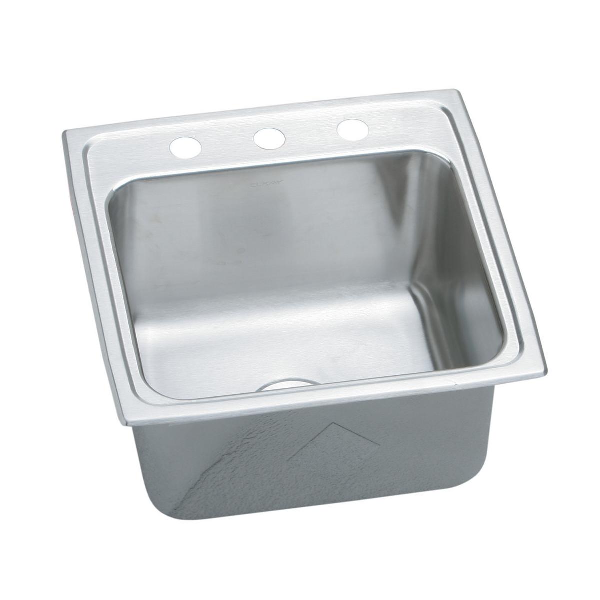 Stainless steel drop-in laundry sink with single bowl and two faucet holes on rim.