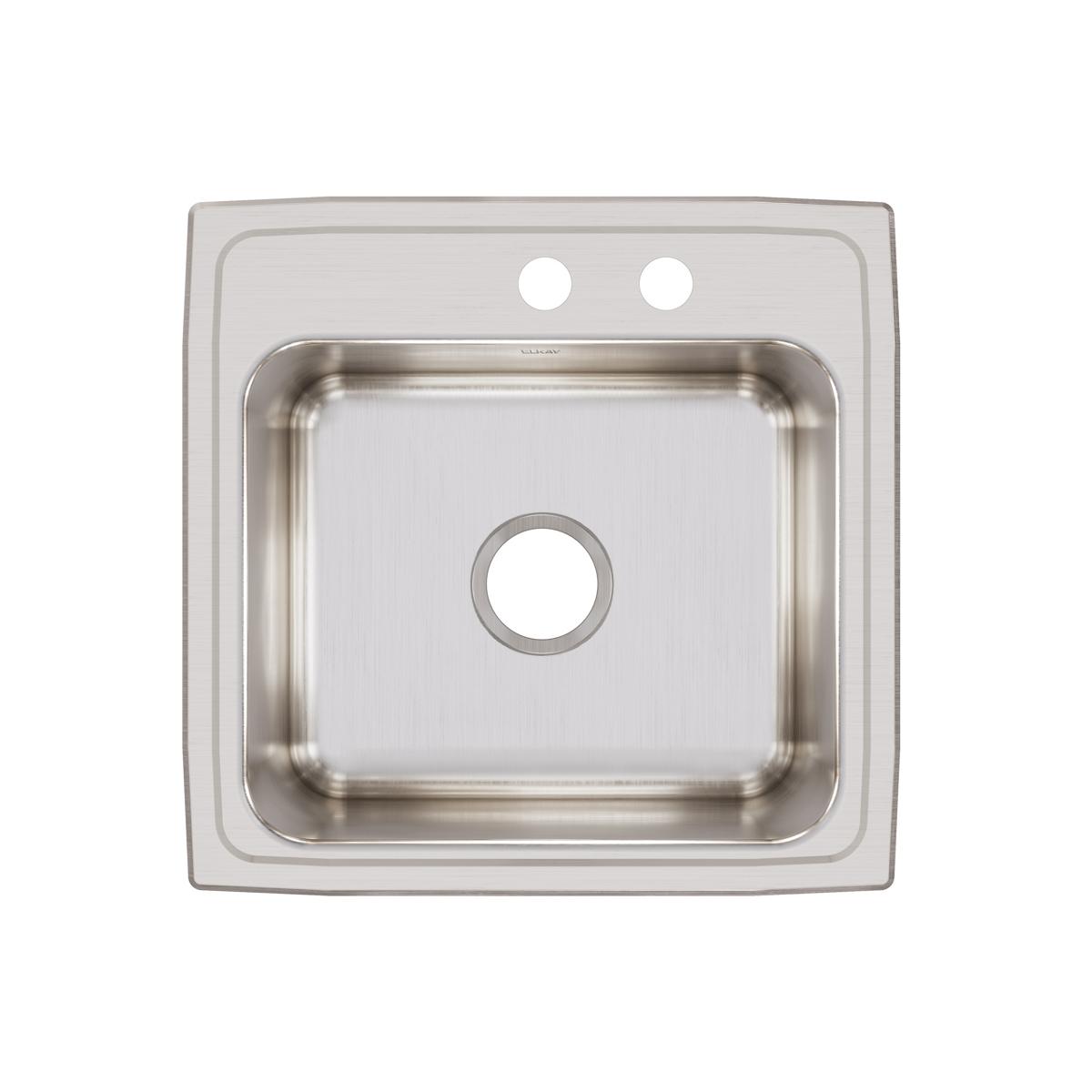 Stainless steel drop-in laundry sink with single bowl and two pre-drilled holes on rim, viewed from above.