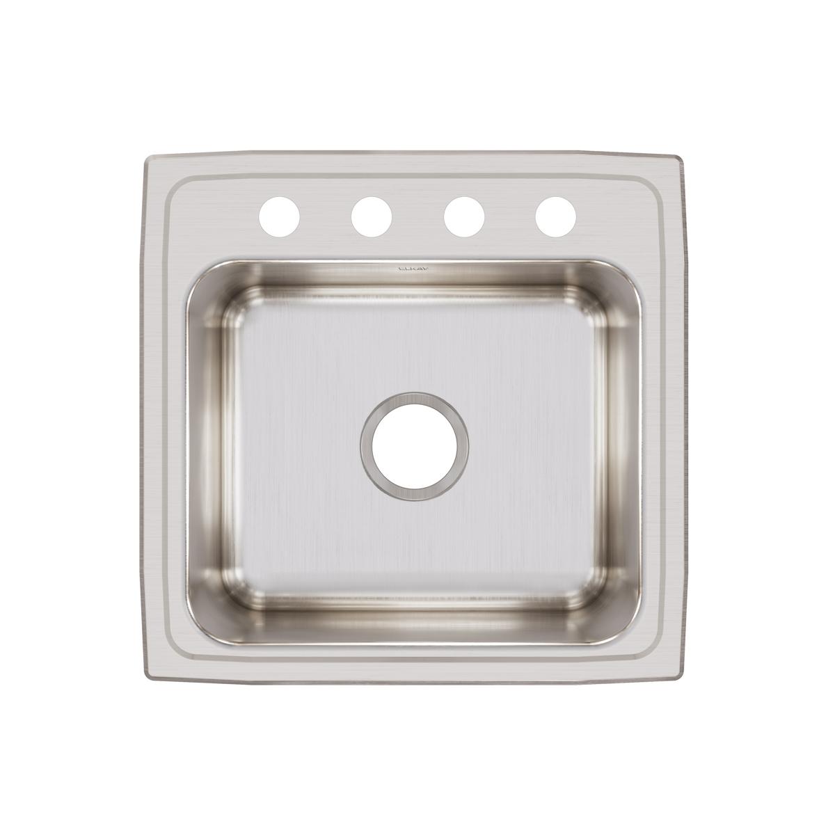 Stainless steel drop-in laundry sink with single bowl and four pre-drilled holes across the rim.