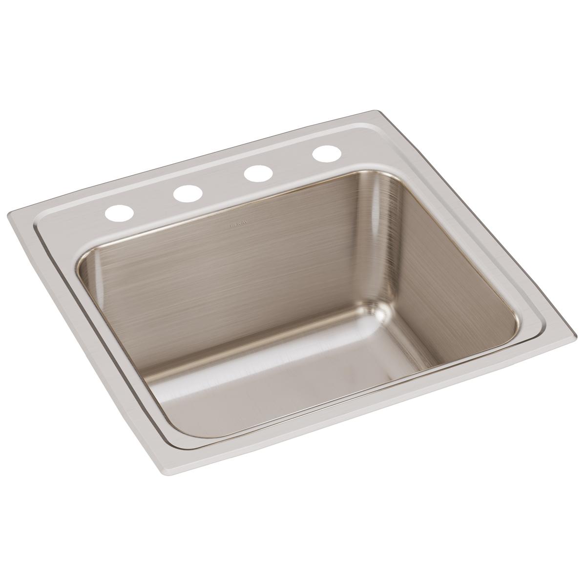 Stainless steel single bowl drop-in laundry sink with four faucet holes along the rim.