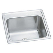 Stainless steel square drop-in laundry sink with single bowl and drain opening at bottom.