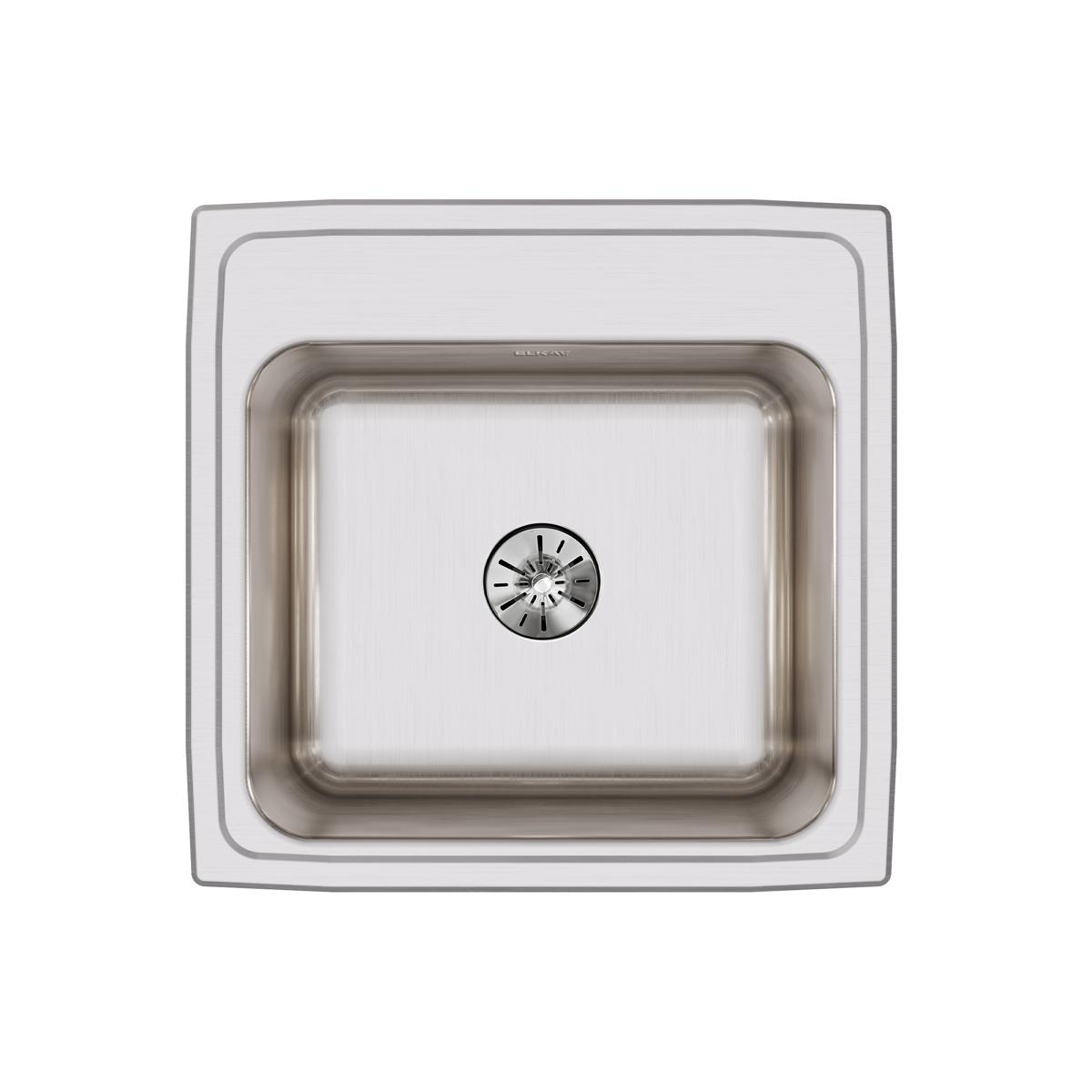 Stainless steel drop-in laundry sink with single bowl and centered drain, viewed from above.