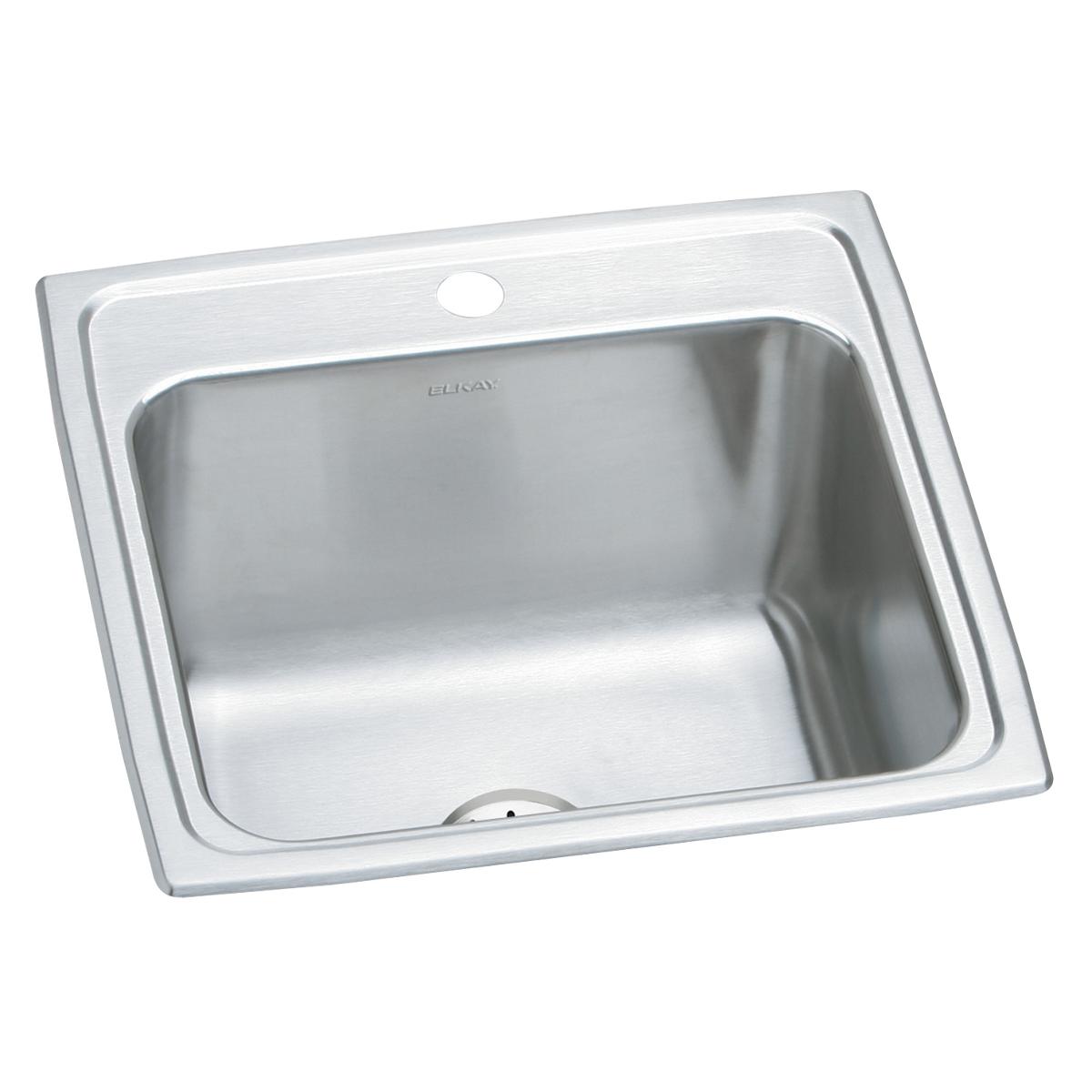 Stainless steel drop-in laundry sink with single bowl, one faucet hole, and drain visible at bottom.