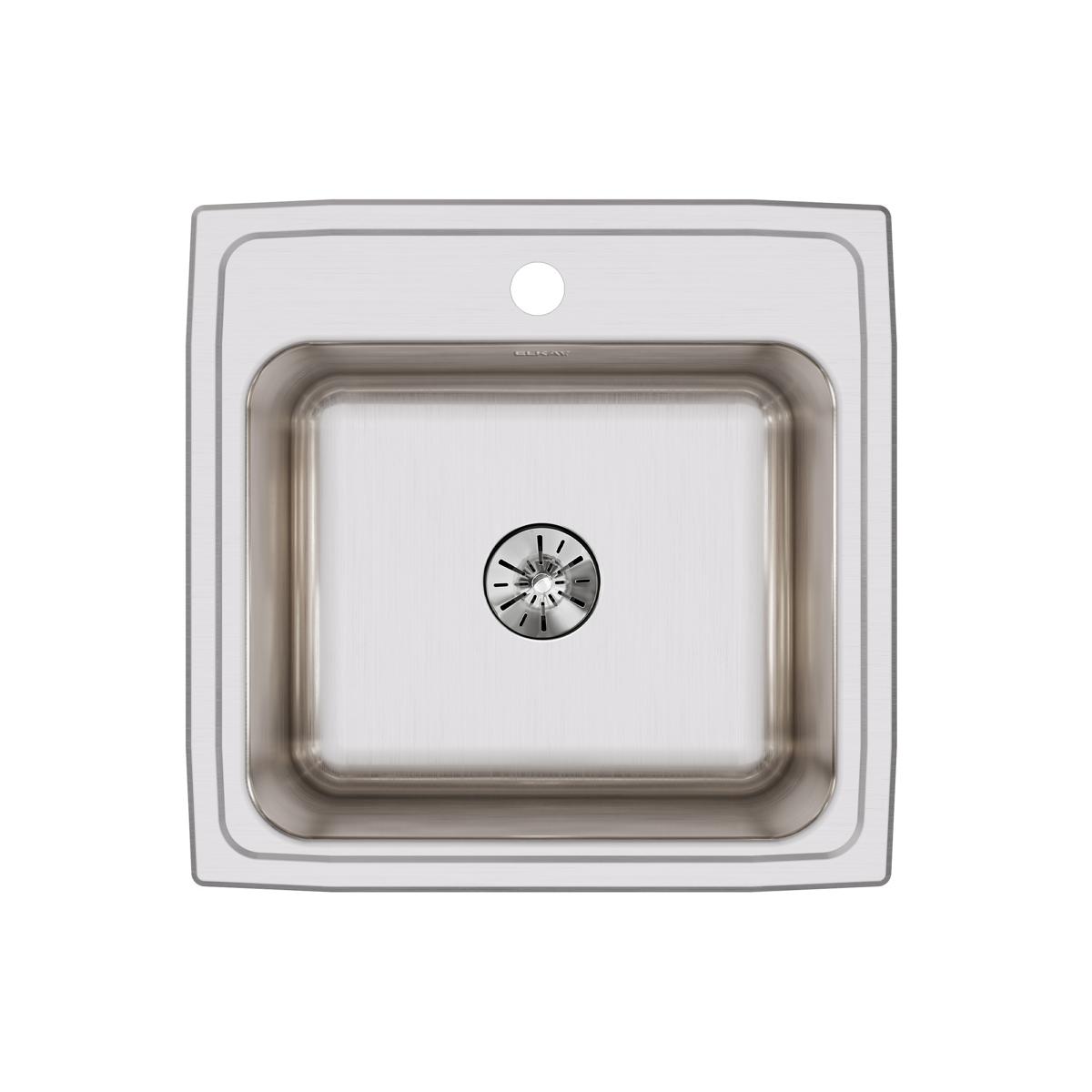Stainless steel drop-in laundry sink with single bowl, one faucet hole, and centered drain viewed from above.