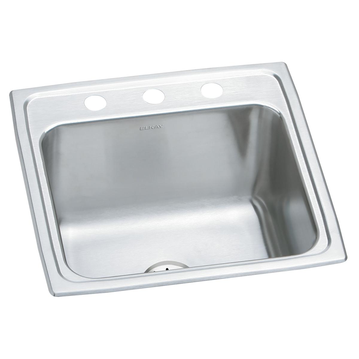 Stainless steel drop-in laundry sink with single bowl, three mounting holes, and drain opening visible.