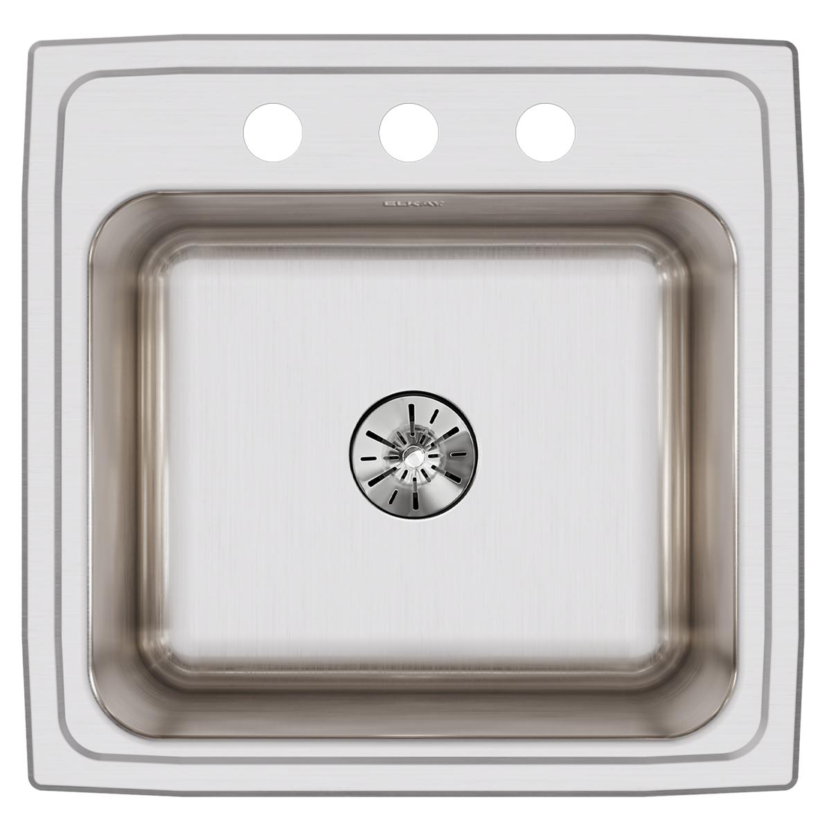 Stainless steel drop-in laundry sink with single bowl, three mounting holes, and center drain.