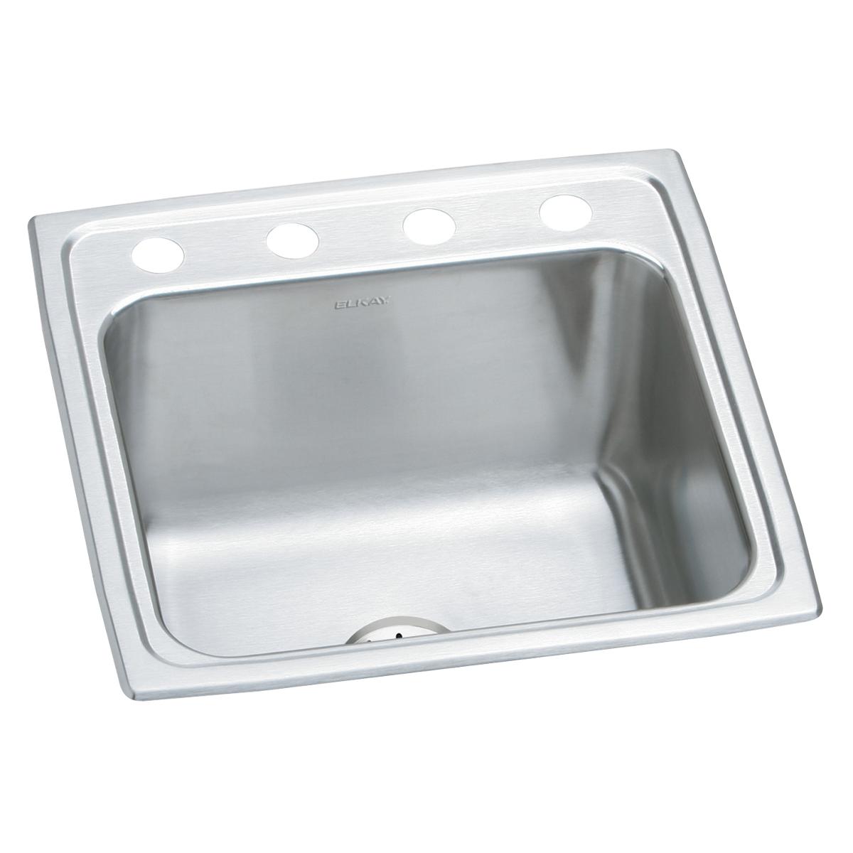 Stainless steel drop-in laundry sink with single bowl, four mounting holes on rim, and drain opening visible at bottom.