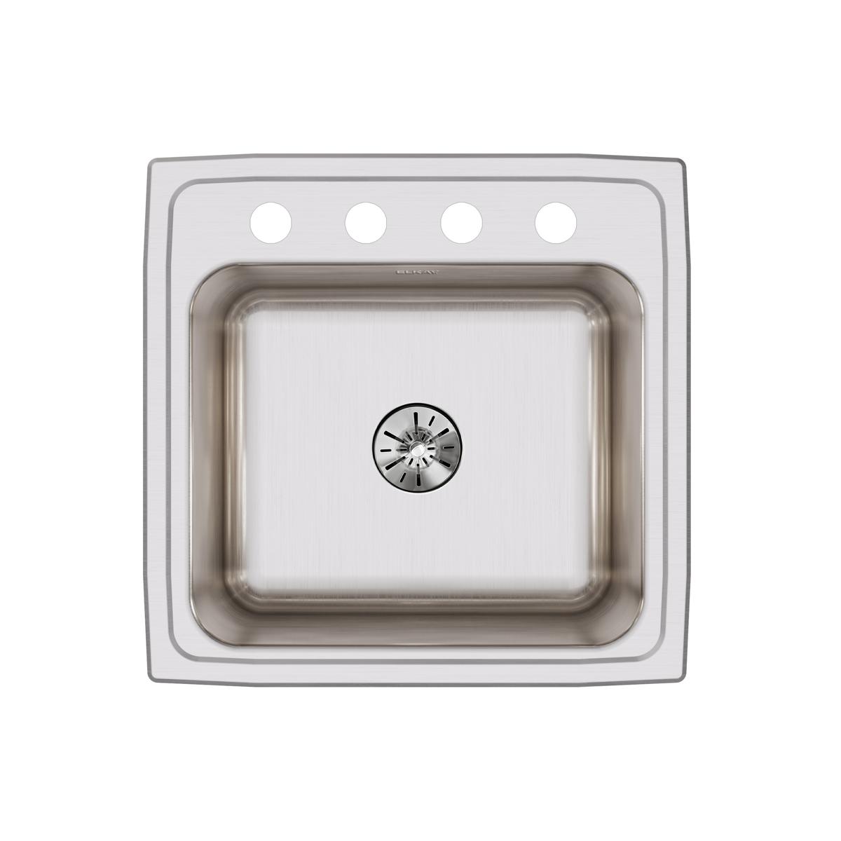 Stainless steel drop-in laundry sink with single bowl, four faucet holes, and center drain viewed from above.