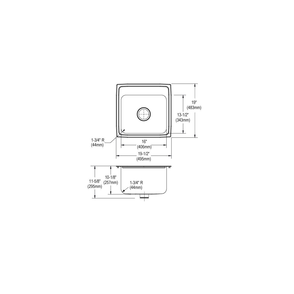 Stainless steel drop-in laundry sink with single bowl, one faucet hole, and drain shown in top and side technical drawings wi